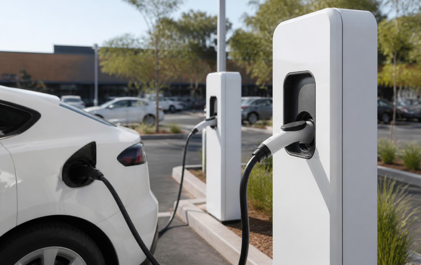 Two modern white EV charging stations in a commercial car park with a car plugged in